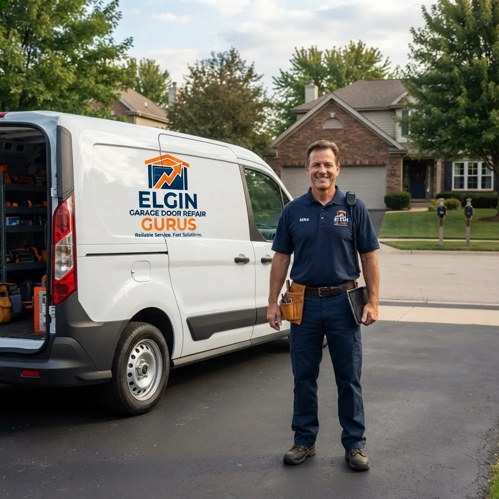 Technician repairing a three-car garage door at a Bowes Creek Country Club home in Elgin, IL