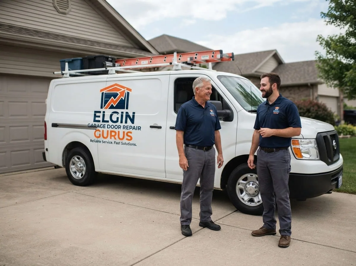 Technician repairing a garage door on a converted carriage house near downtown Elgin, Illinois