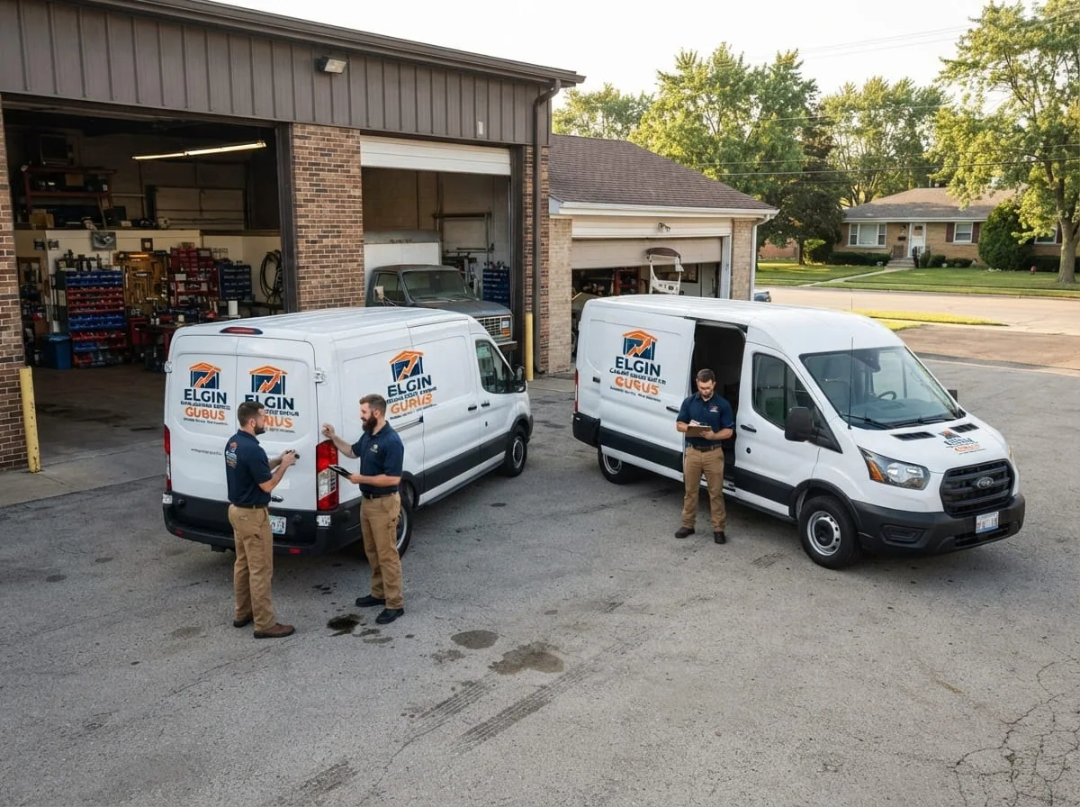 Technician repairing a garage door torsion spring on a two-story home in a newer Gilberts, IL subdivision