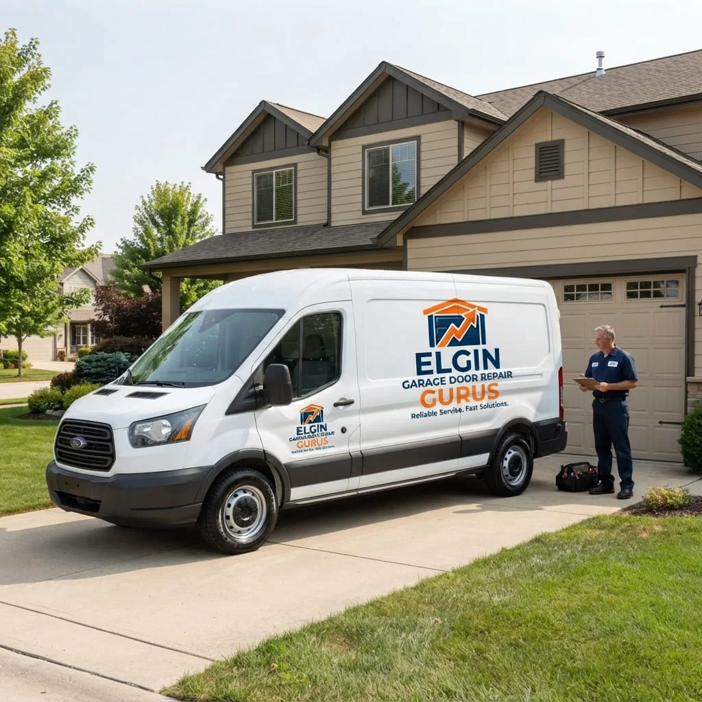 Technician repairing a two-car garage door on a home in Highland Woods, Elgin, IL