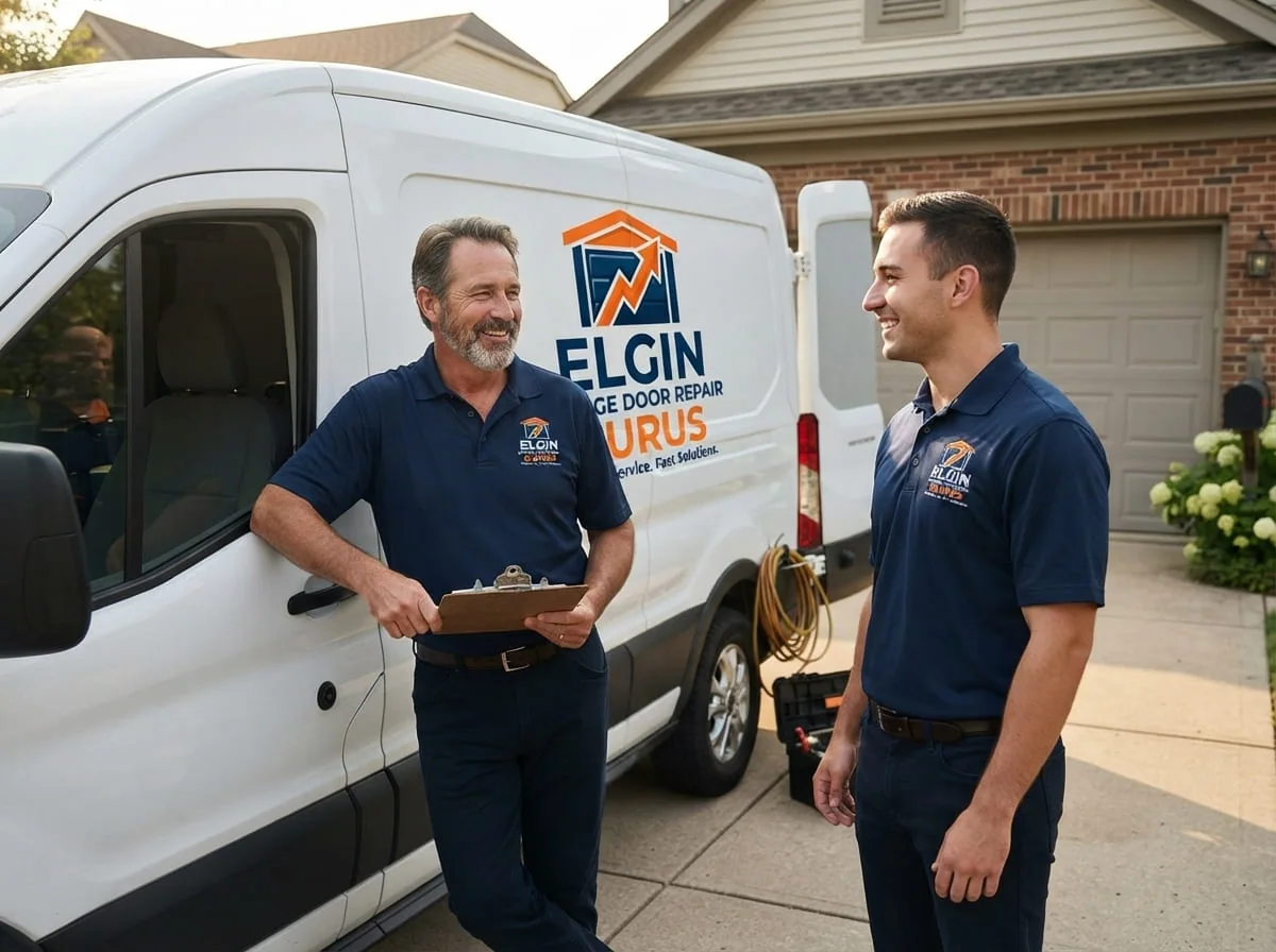 Technician repairing a garage door on a home near downtown West Dundee, Illinois along the Fox River