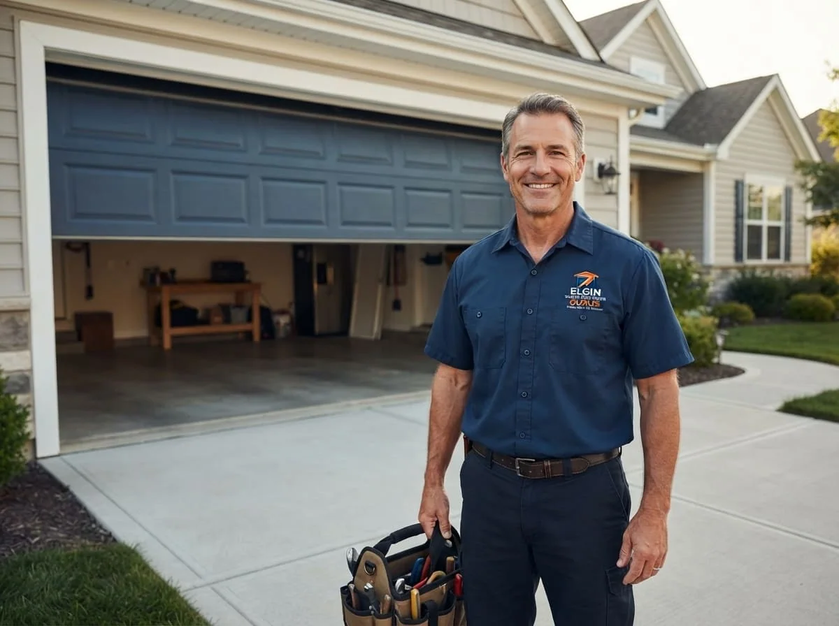 Marcus Reyes, owner of Elgin Garage Door Repair Gurus, standing outside the Brookside Drive shop